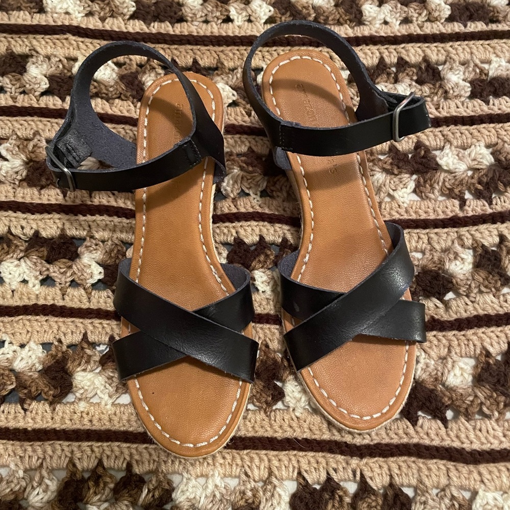 Used open toe black wedge heel size 9
